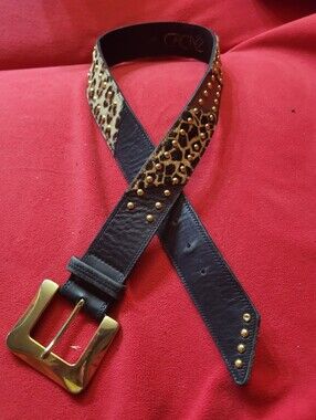 VintageCache Brown Leather Belt with Leopard Accent and Gold Buckle Small